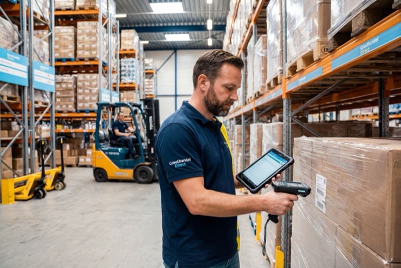 Magazijnmedewerker van Groothandel Direct controleert voorraad met tablet en scanner